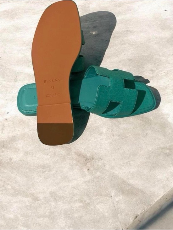 Hermes Shoes - Hermes Green Teal Oran-Style Leather Slide Sandals